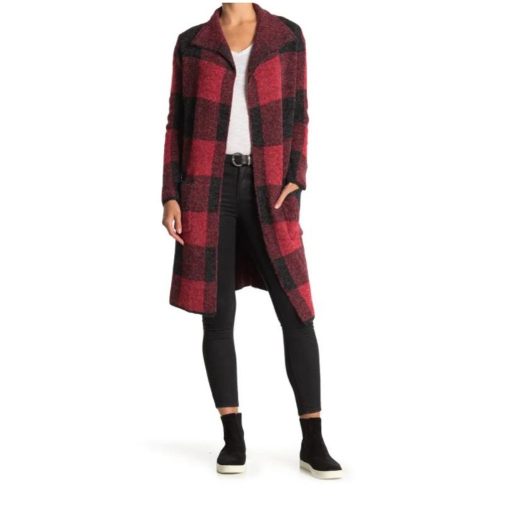 Suzy Shier Red and Black Plaid Duster Cardigan size S‎ Open Front Drop Pockets